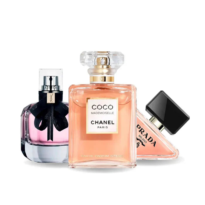 Combo Black Friday com 3 perfumes: Chanel Coco Mademoiselle, Prada Paradoxe e Yves Saint Laurent Mon Paris - 100ml