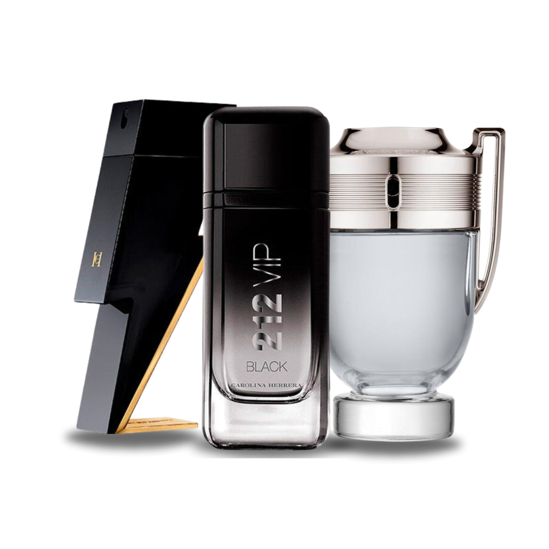 Combo Black Friday com 3 perfumes: Carolina Herrera Bad Boy, Carolina Herrera 212 VIP Black e Paco Rabanne Invictus - 100ml