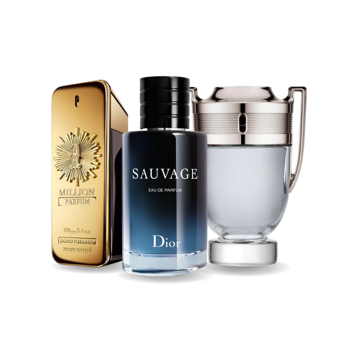 Combo Black Friday com 3 perfumes: Paco Rabanne ONE MILLION, Dior SAUVAGE e Paco Rabanne INVICTUS - 100ml