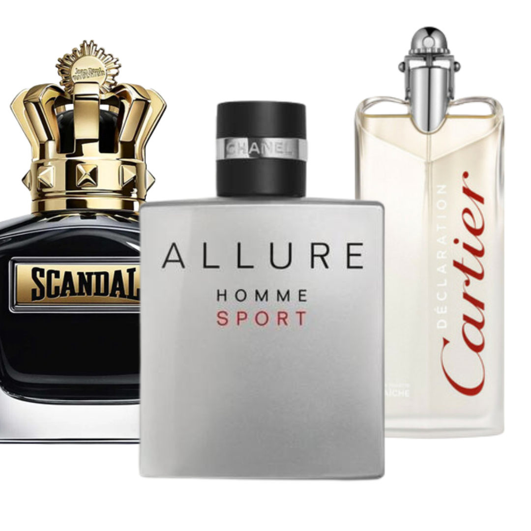 Combo Black Friday com 3 perfumes: Jean Paul Gaultier Scandal, Allure Homme Deporte e Cartier Declaration - 100ml